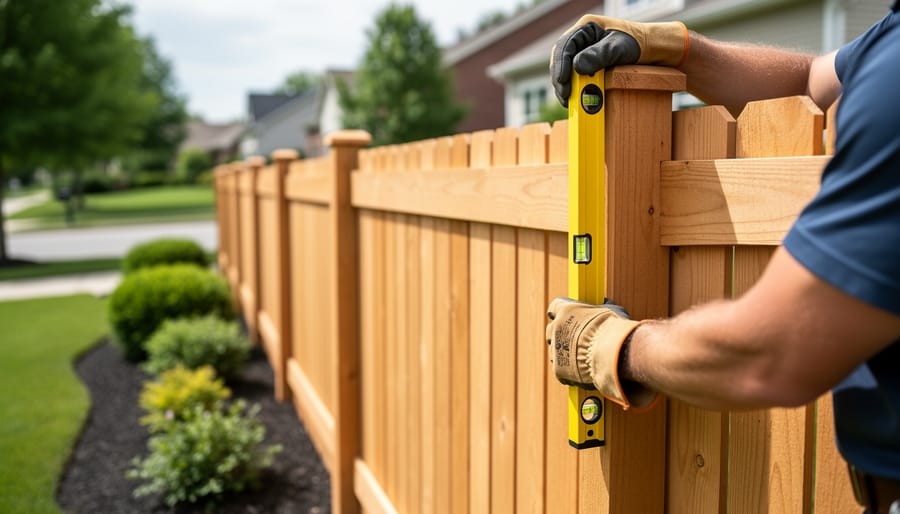 Gloved hands using a level to align a newly installed wooden fence post beside a landscaped garden yard.