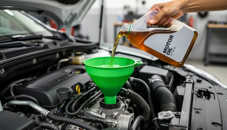 Person pouring fresh engine oil into a lawn mower using a funnel near the oil fill opening.