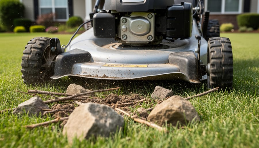 Small rock and grass debris near the underside cutting area of a lawn mower deck