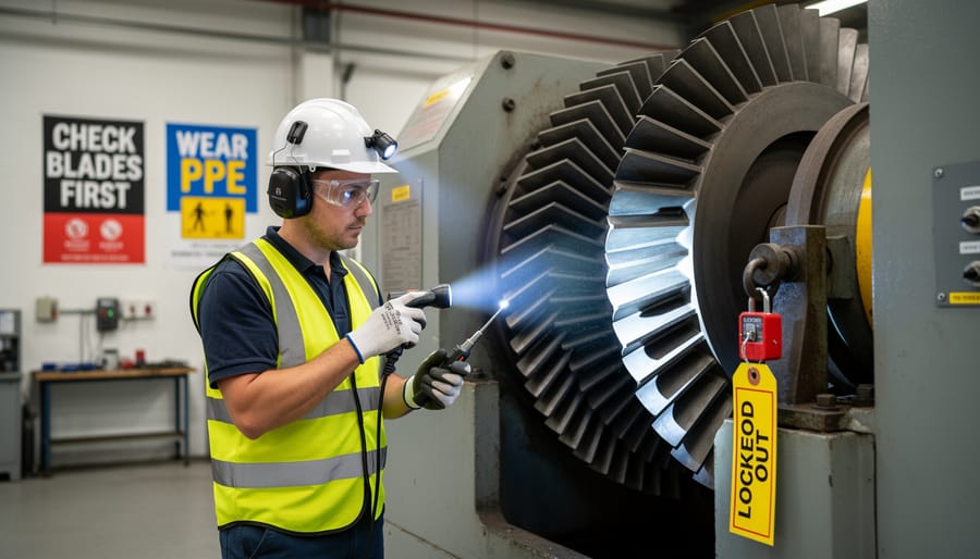 Gloved person holding a lawn mower blade for inspection in a garage workspace